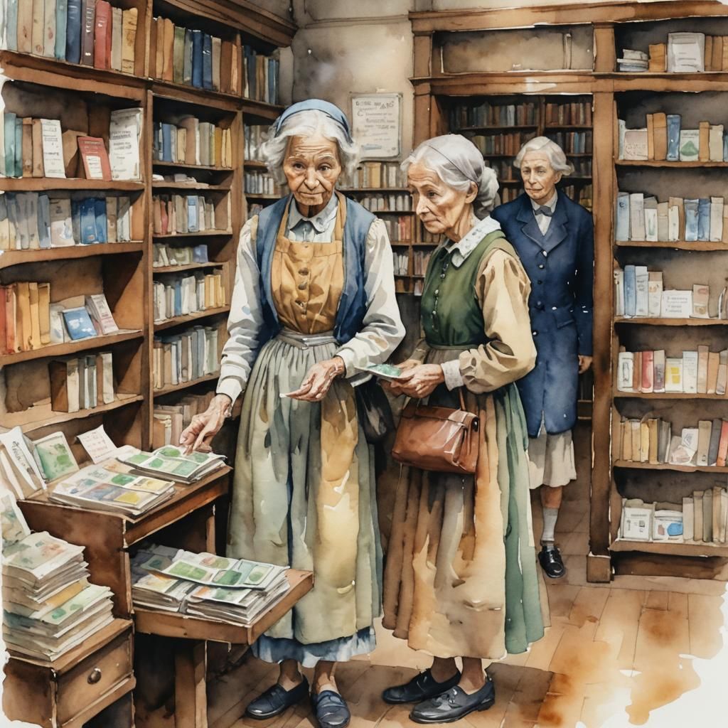 Watercolour Painting: Girl Receives Gift in Bookshop