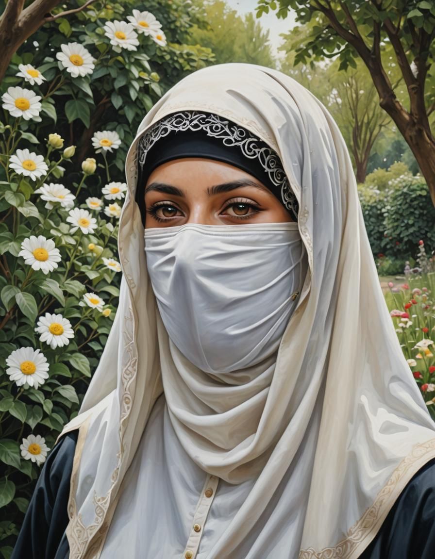 Oil Painting Portrait of a Niqabi in Garden
