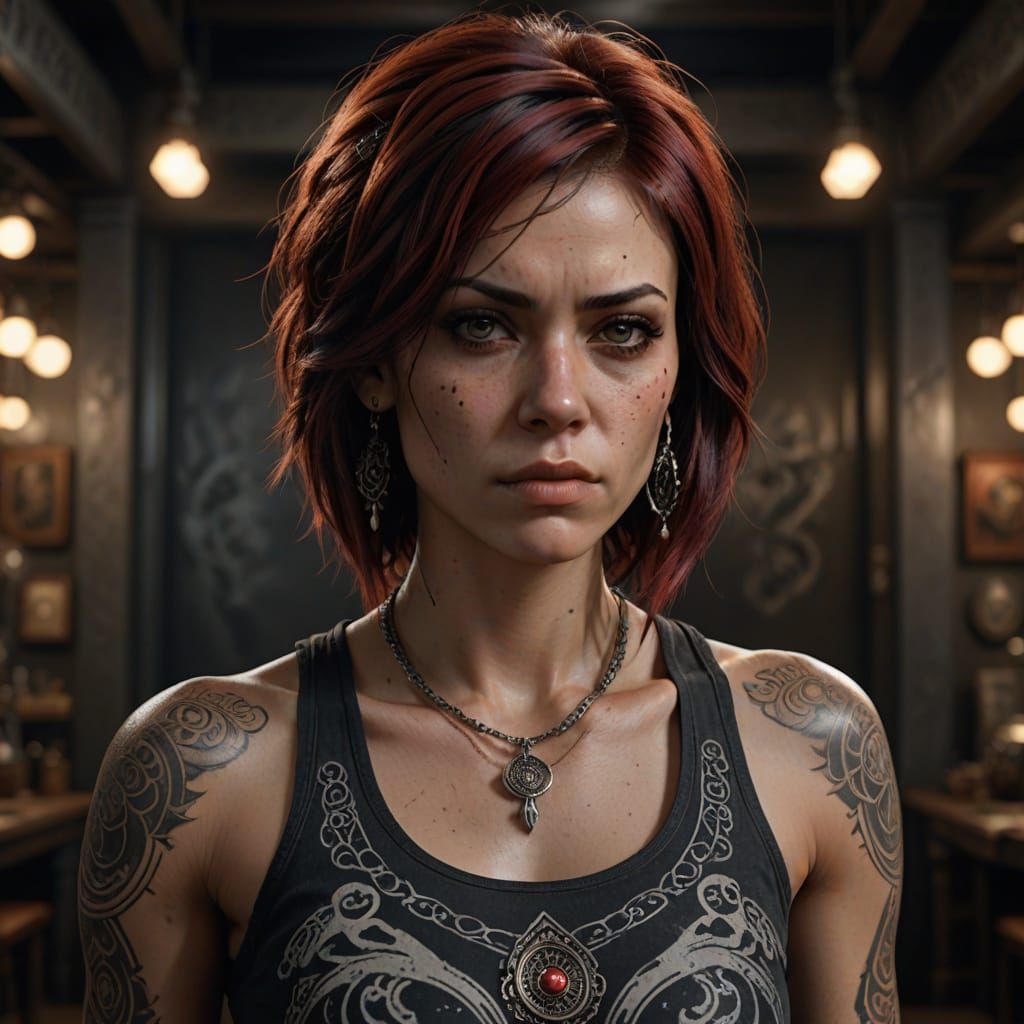 Young Woman with Tribal Tattoos and Red Hair in Dramatic Lig...