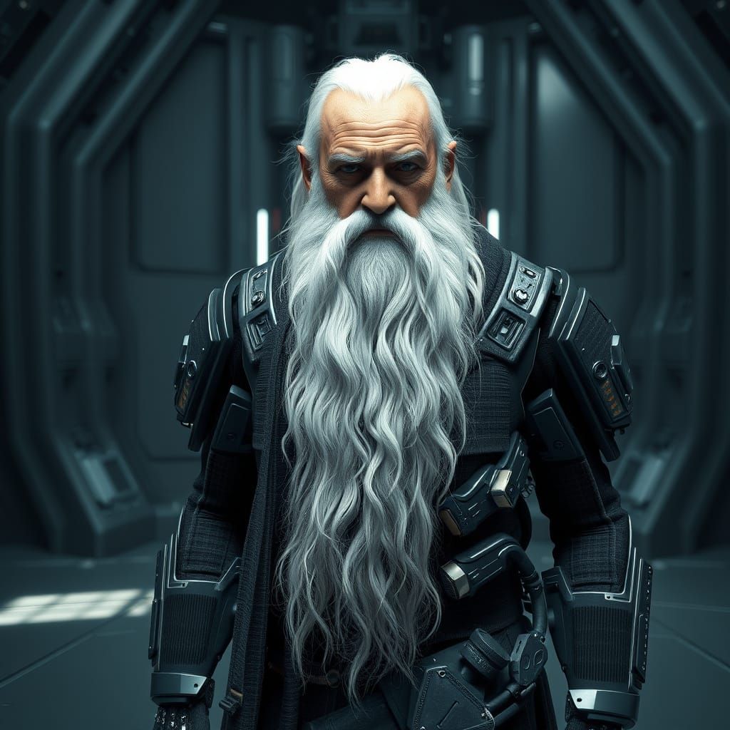 Stoic Man With Long Beard in Futuristic Sci-Fi Room