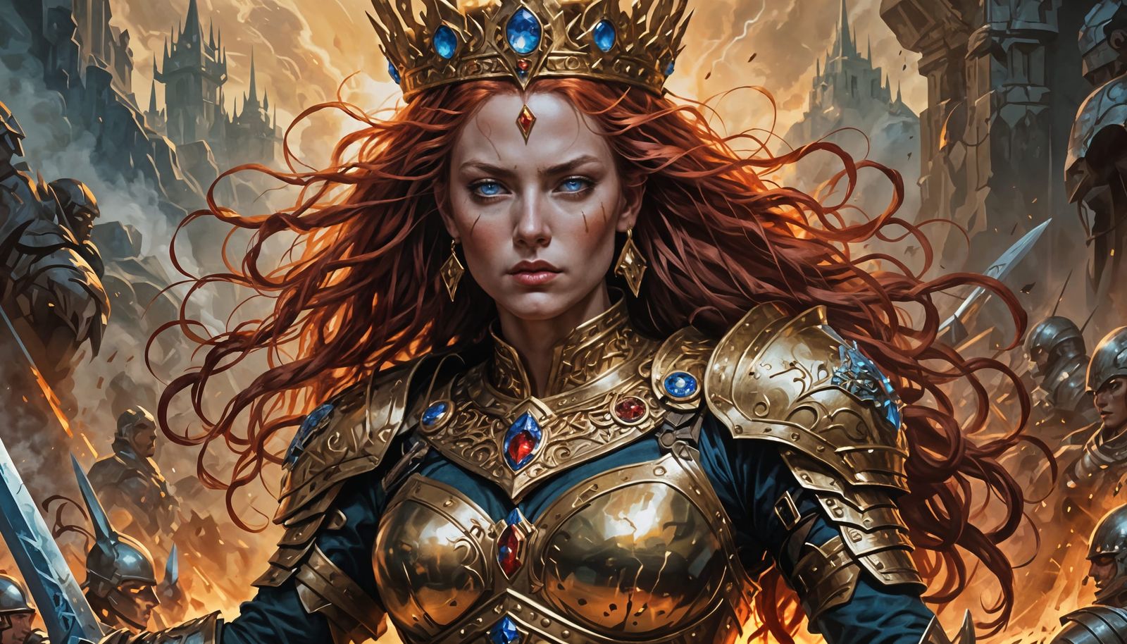 Fierce Queen with Braided Hair on Battlefield