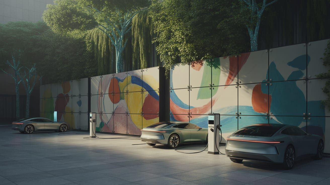Futuristic EV Charging Station with Kandinsky-Inspired Art
