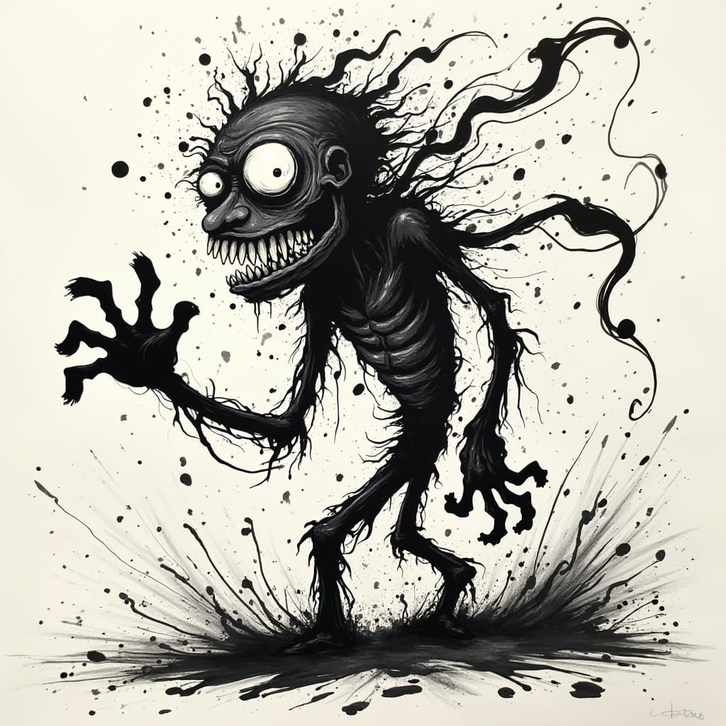 Frenzied Cartoon Figure in Abstract Expressionist Splatter I...