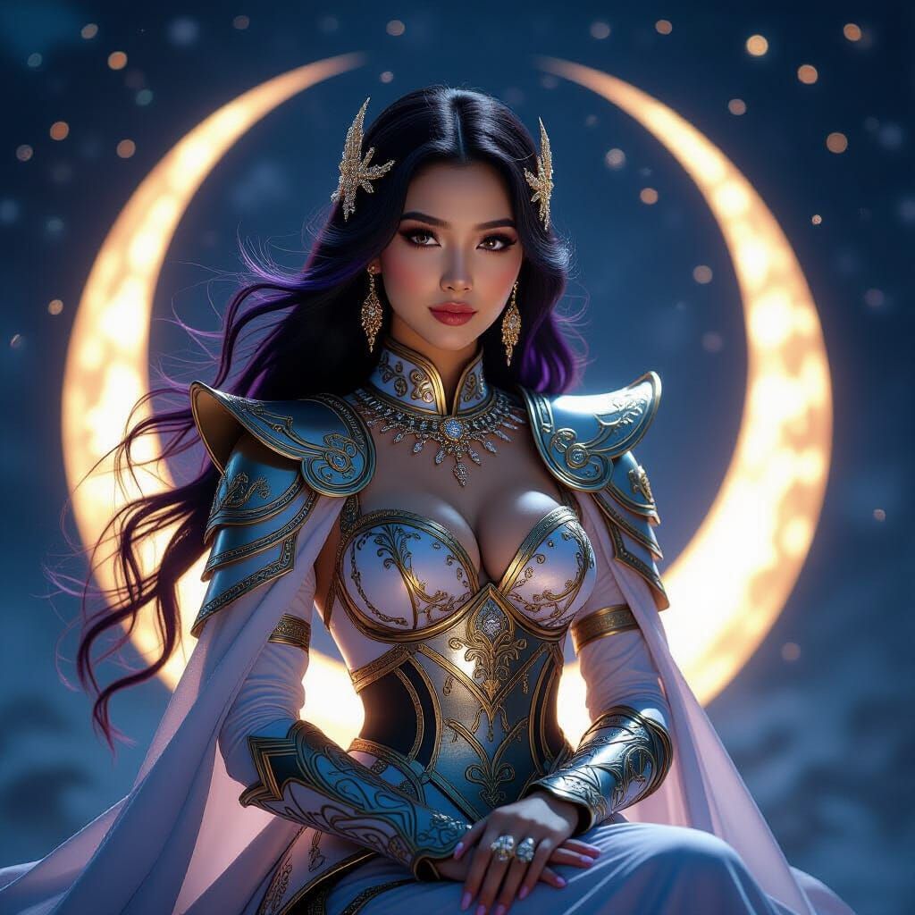 Malay Goddess in Regal Armor on Moon Throne