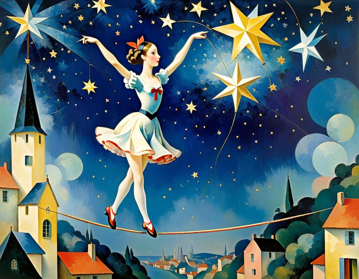 Carnival Funambulist Balancing on Tightrope as Impasto Paint...