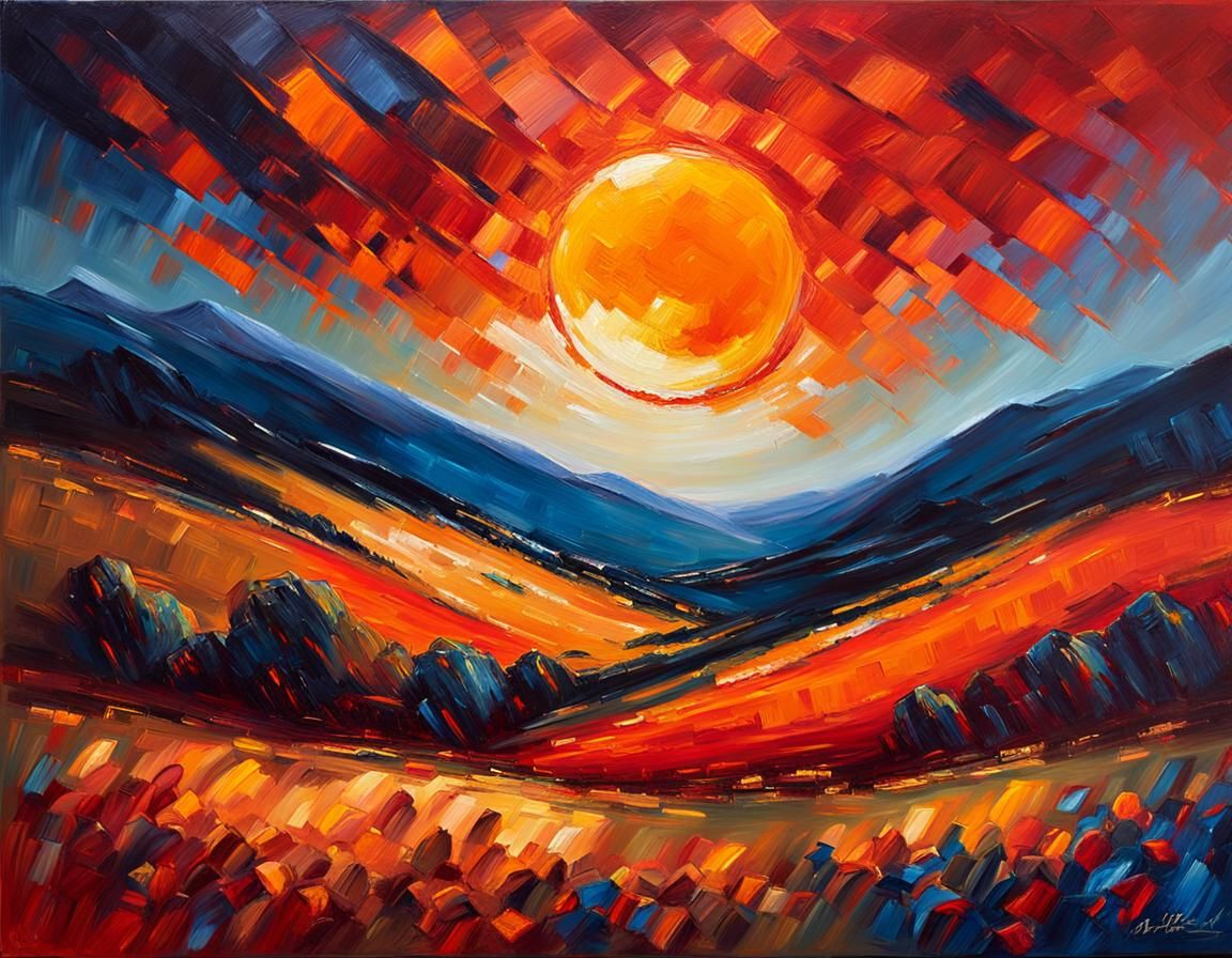 Dramatic Solar Eclipse Landscape as Impasto Oil Painting
