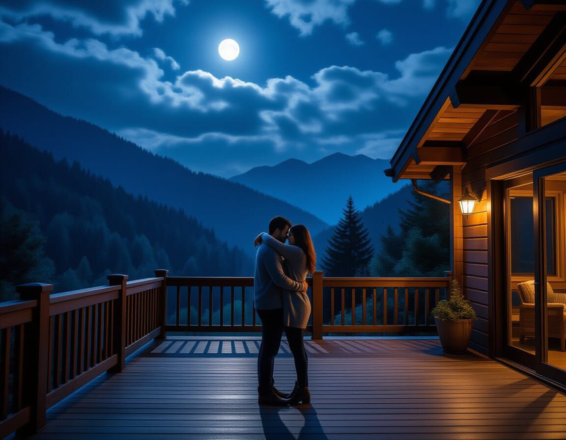 Wooden deck under the moon with couple
