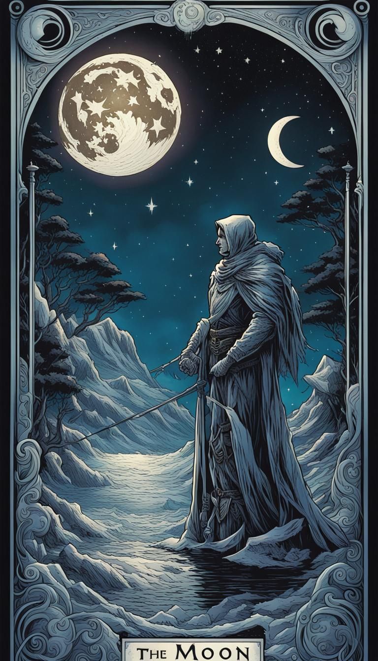 The Moon Tarot Card in Comic Book Style