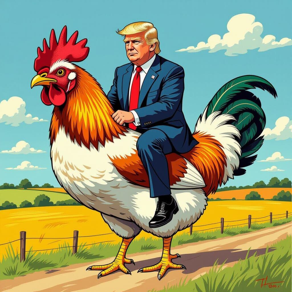 Surreal Image: Trump Rides a Chicken in Steadman Style