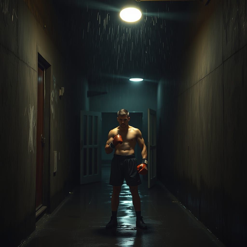Lone Boxer in Dimly Lit Rainy Alleyway