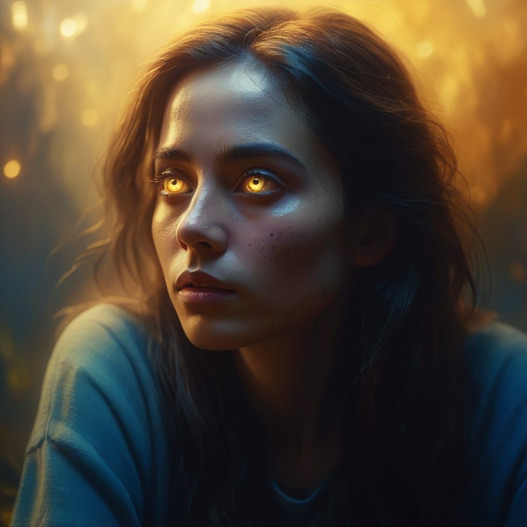 Surreal Woman with Glowing Eyes: Oil Painting