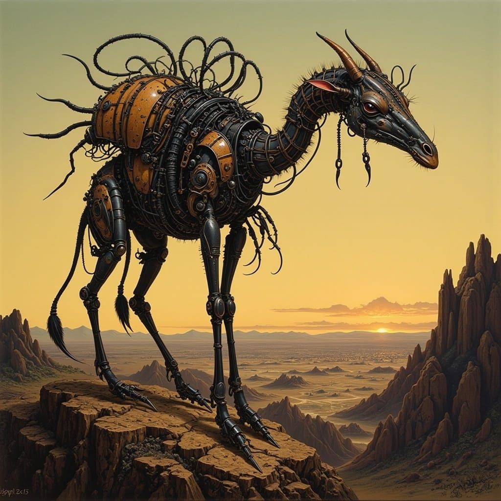 Post-Apocalyptic Robot Tallneck in Tribal Aesthetic