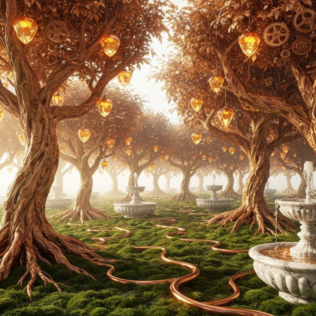 Dreamlike Clockwork Orchard with Crystal Fruit, Digital Art