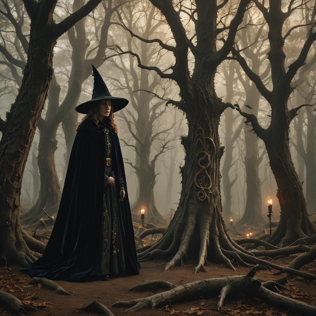 Mystical Witch in Forest: Dark Academia Art
