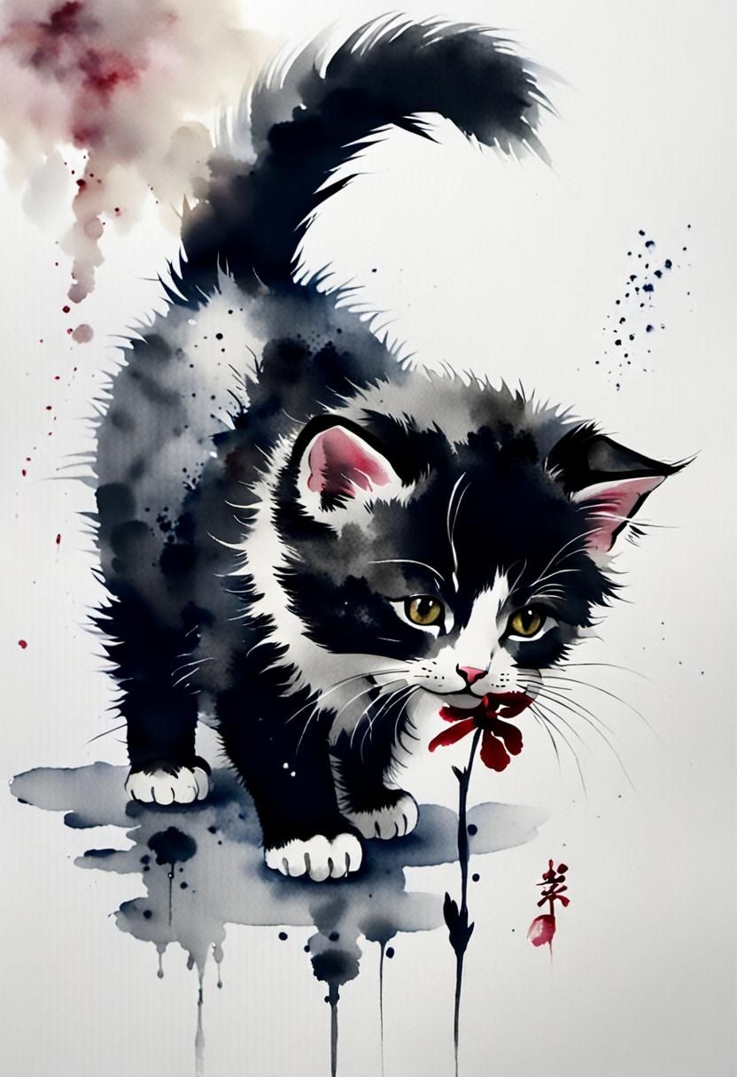 Sumi-e Kitten Playing with Flower