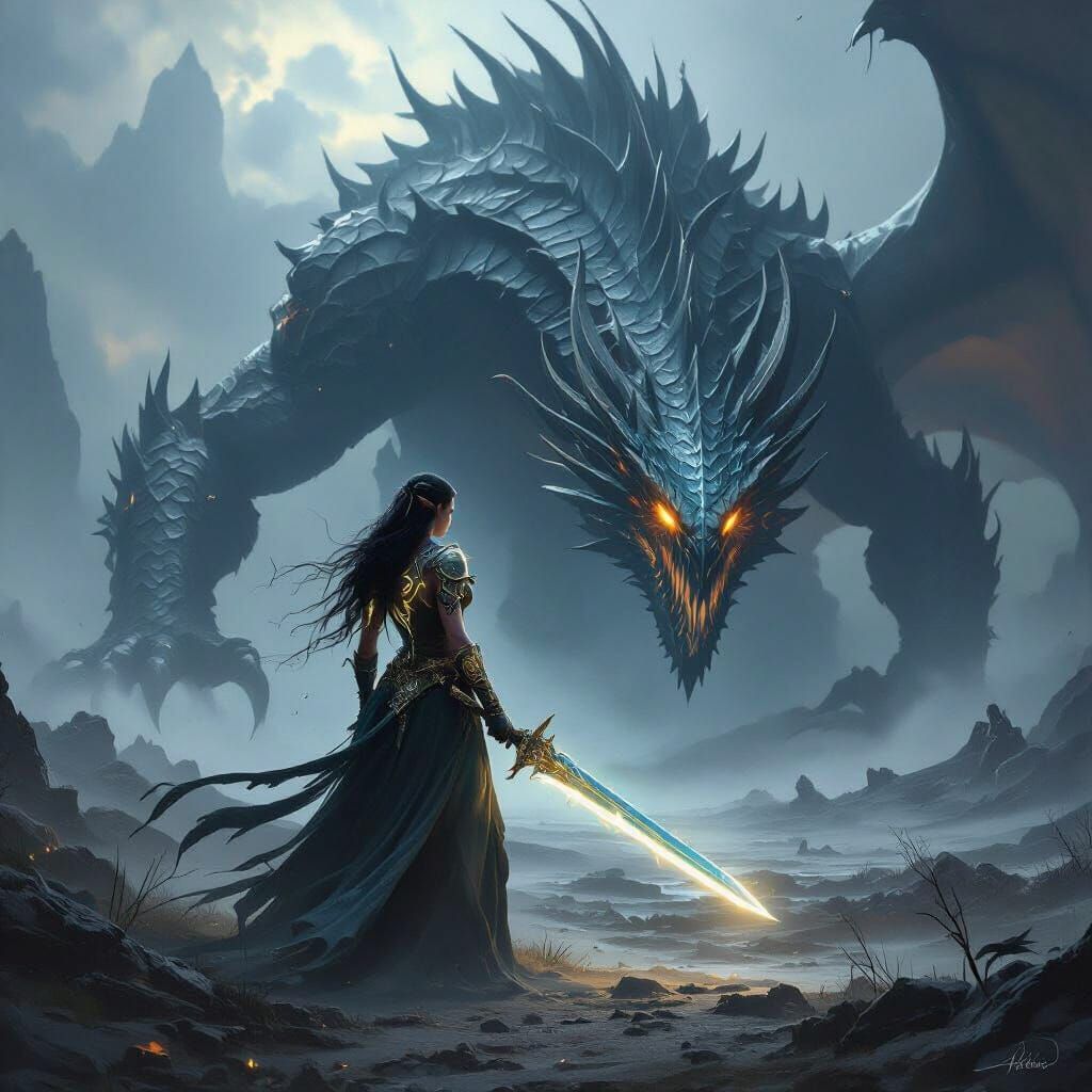 Elf Bladesinger Fights Colossal Dragon in Dark Fantasy Style
