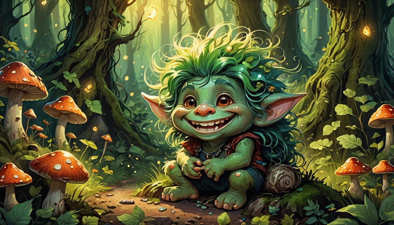 Cute Troll Portrait in Forest, Digital Illustration