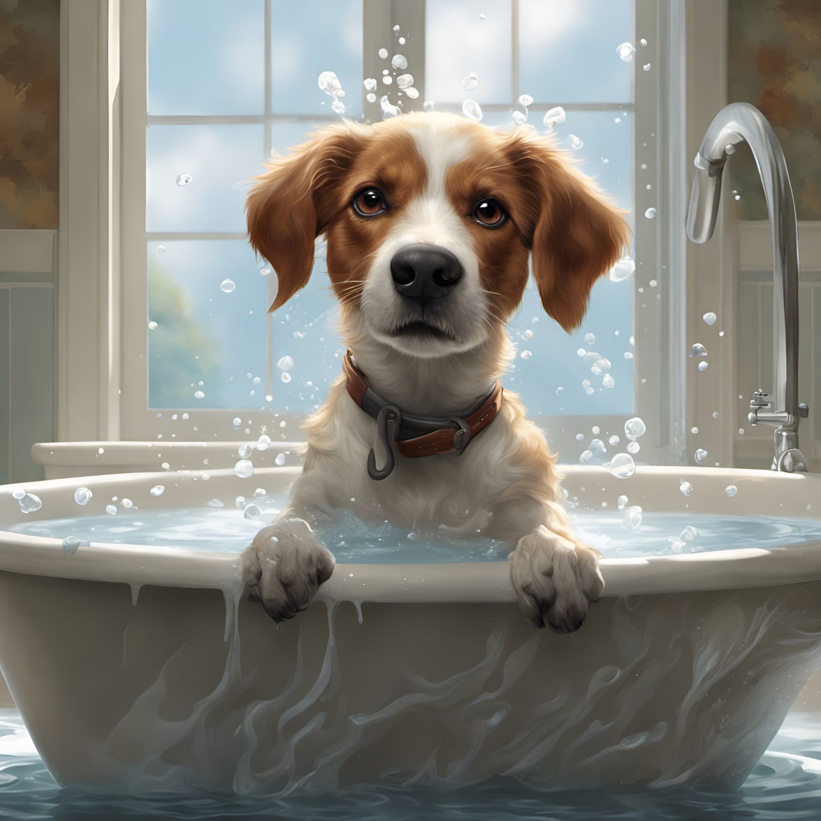 Dog Bath Portrait in Digital Illustration Style