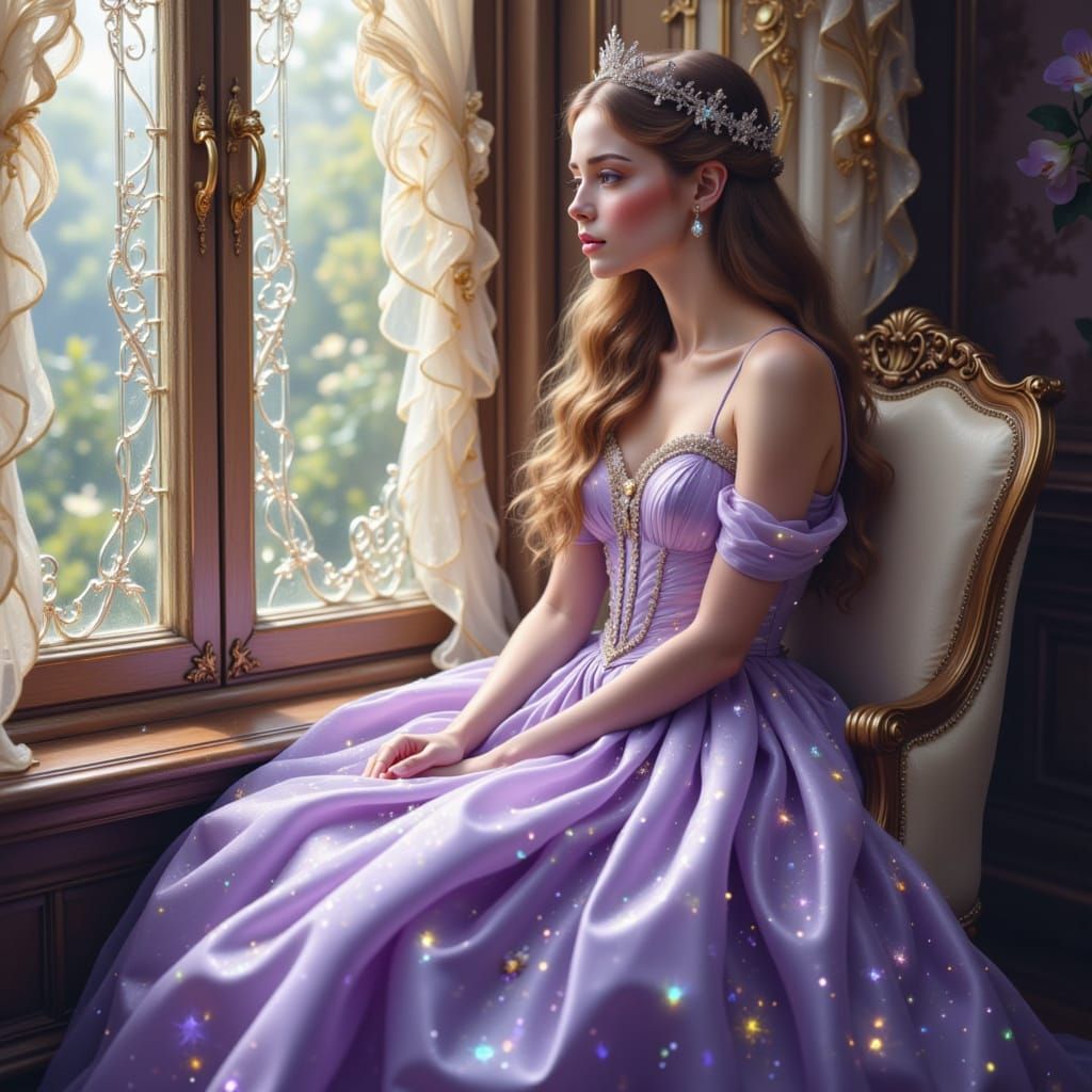 Renaissance Princess in Lavender Dress Leaning From Window