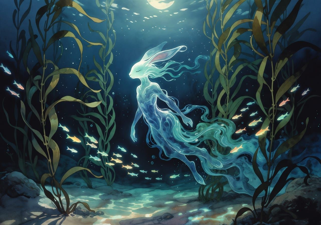 Ethereal Rabbit Spirit in Moonlit Kelp Forest