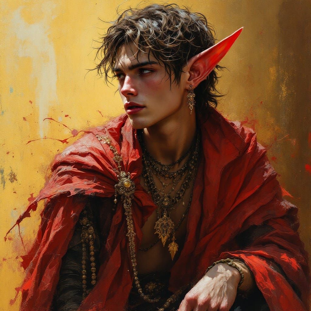 Sensual Young Elf in Ornate Crimson Attire