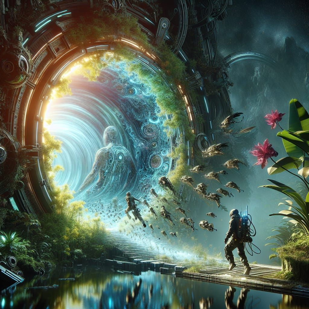 Cyberpunk Explorer Steps Through Dimensional Jungle Portal