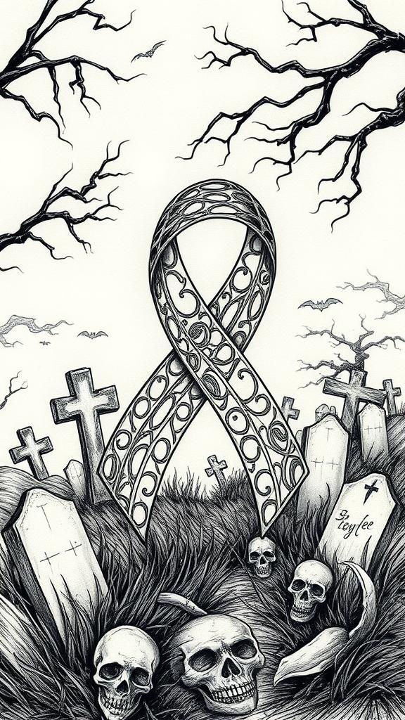Eerie Ghost Graveyard with Breast Cancer Ribbon Tattoo