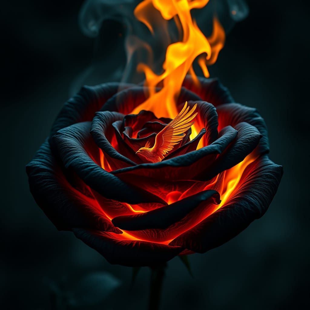 A black rose on fire. Hyperelistic photography, high definition, best angle view. A small phoenix rises from the center ...
