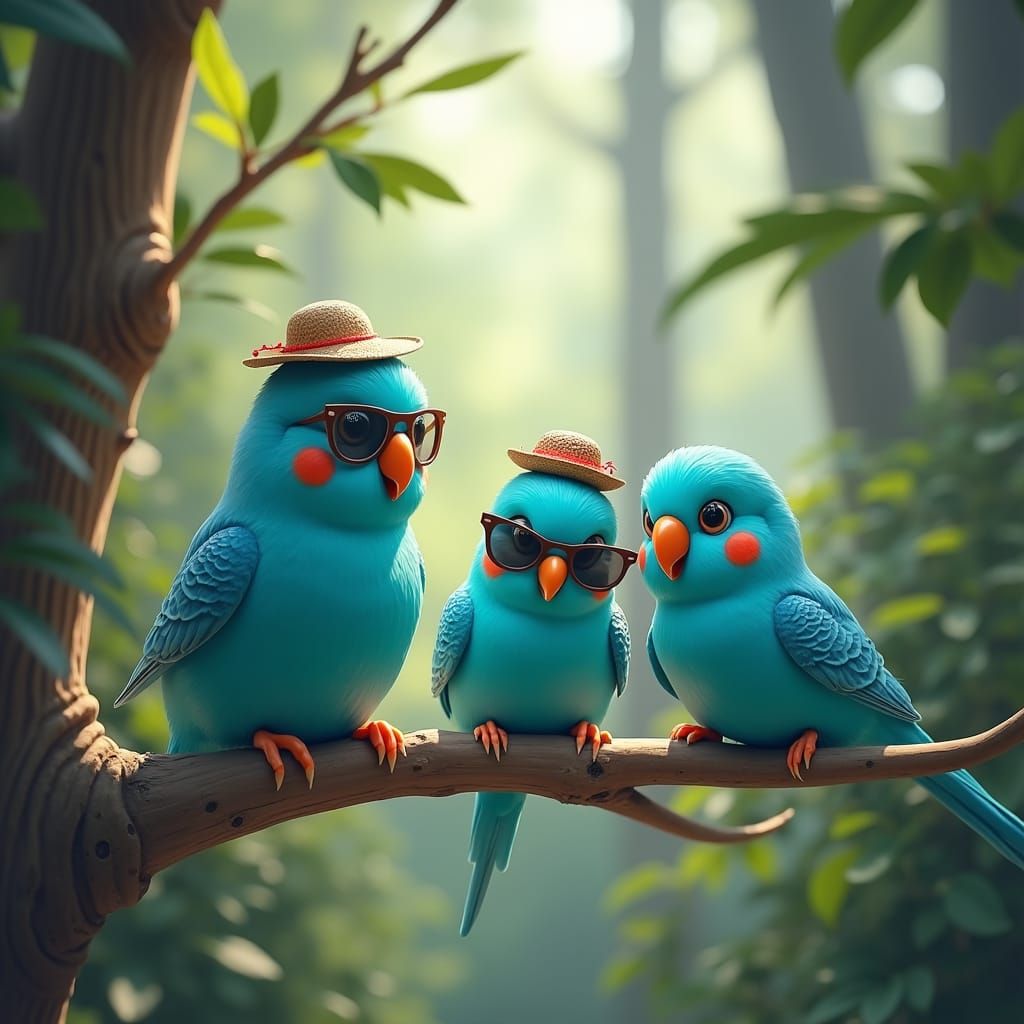 Turquoise Budgerigars in a Whimsical Fantasy World