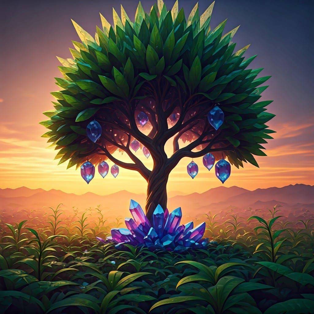Crystalline Fruit Tree in a Mystic Landscape
