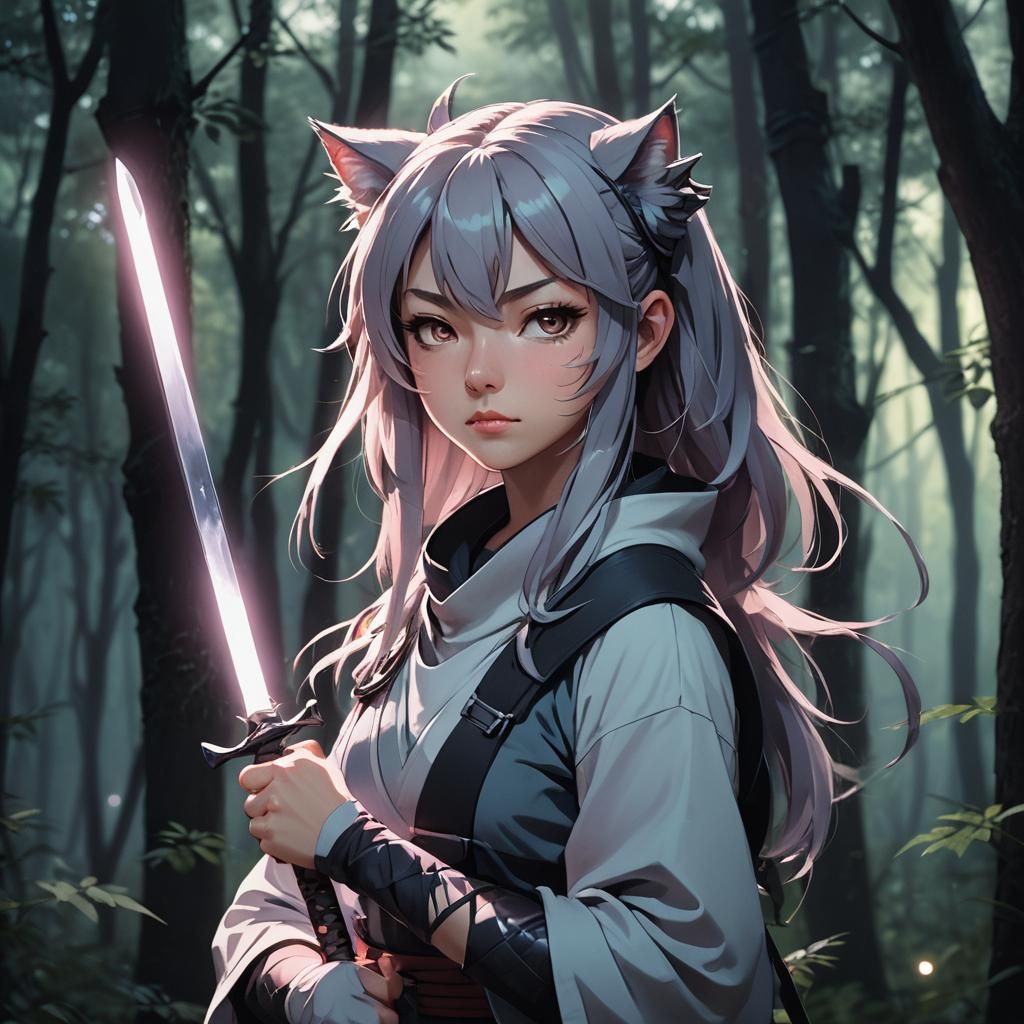 Anime Ninja Girl with Cat Ears in Dark Forest