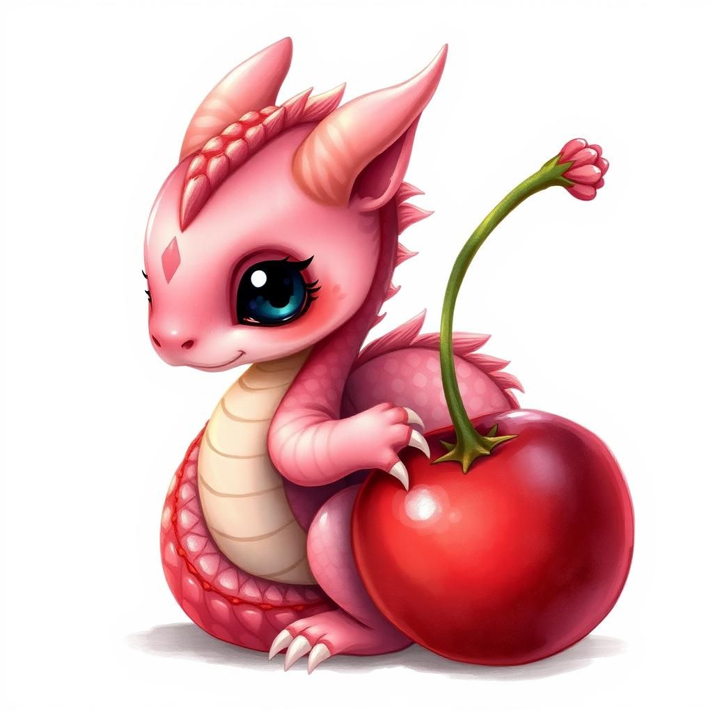 Cherry Dragon Whimsical Illustration in Ethereal Style