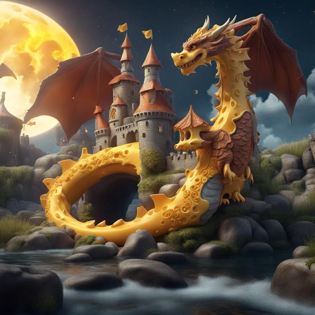 Cheese Dragon on Cheese River: Fantasy Concept Art