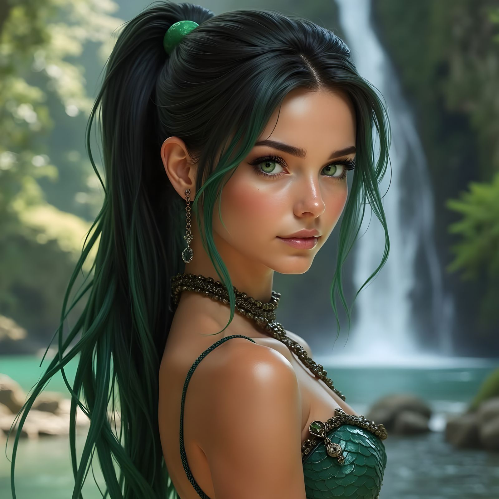 Attractive Mermaid with Green Hair in Sunny Forest