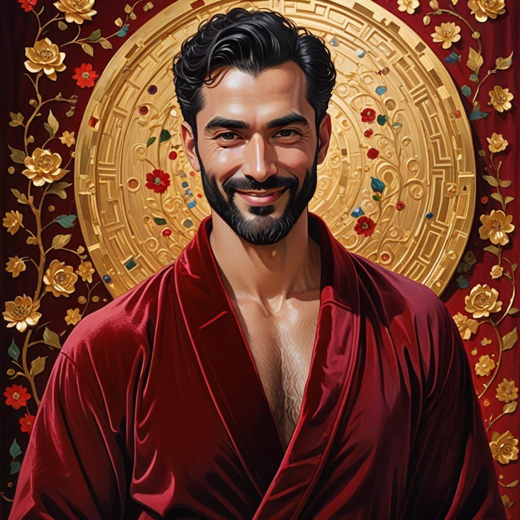 Elegant Man in Red Velvet Robe, Inspired by Klimt