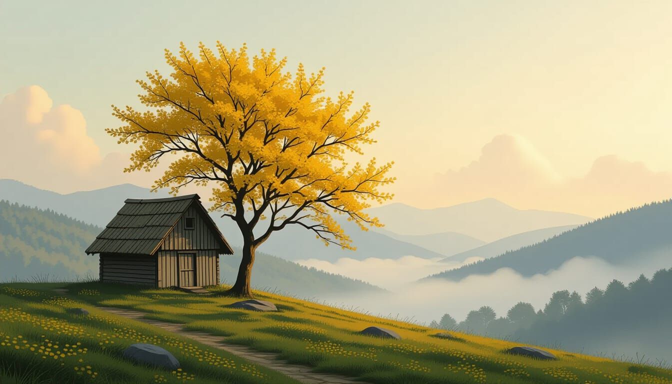 Ancient Tree and Hut on Windswept Hill