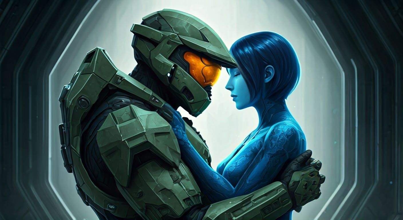 Master Chief and Cortana in Intimate Sci-Fi Embrace