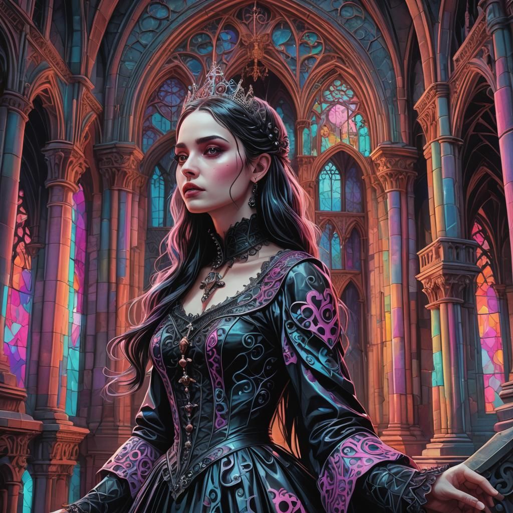 Gothic woman from the last century in her Gothic castle