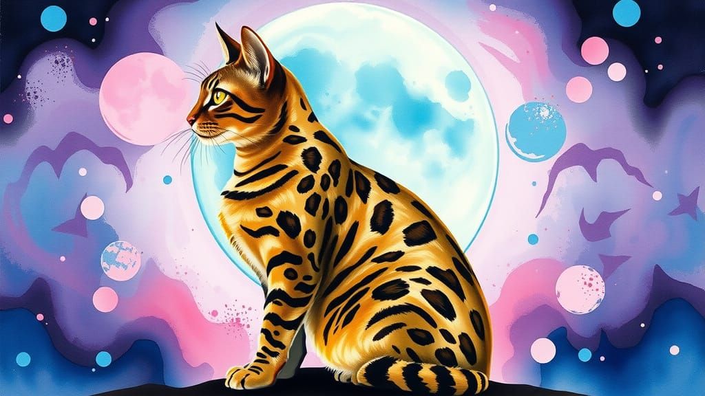 Sokoke Cat Under Cosmic Moon: Watercolor Painting