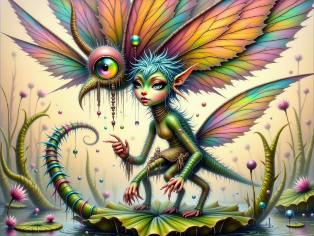 Fluffy Alligator-Dragonfly Hybrid in Watercolor Style