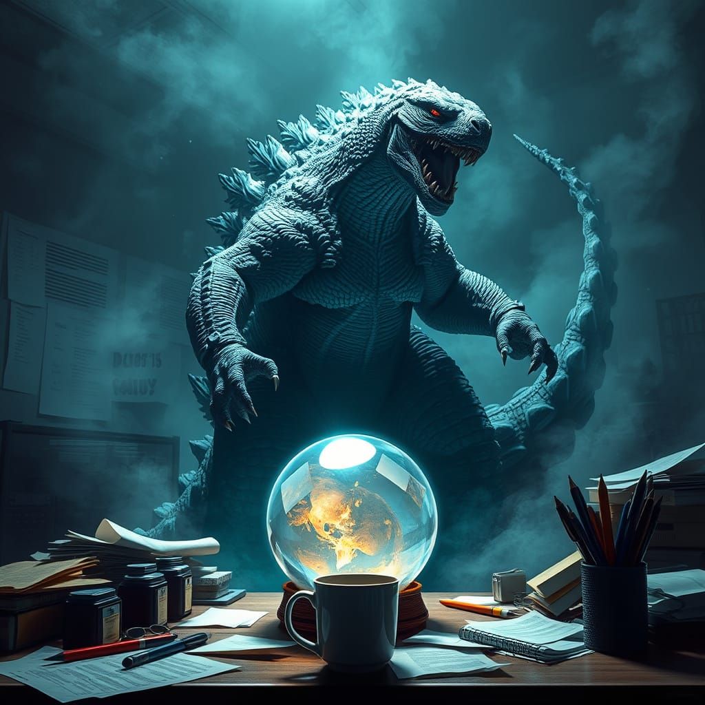 Godzilla Trapped in a Crystal Ball on an Office Desk
