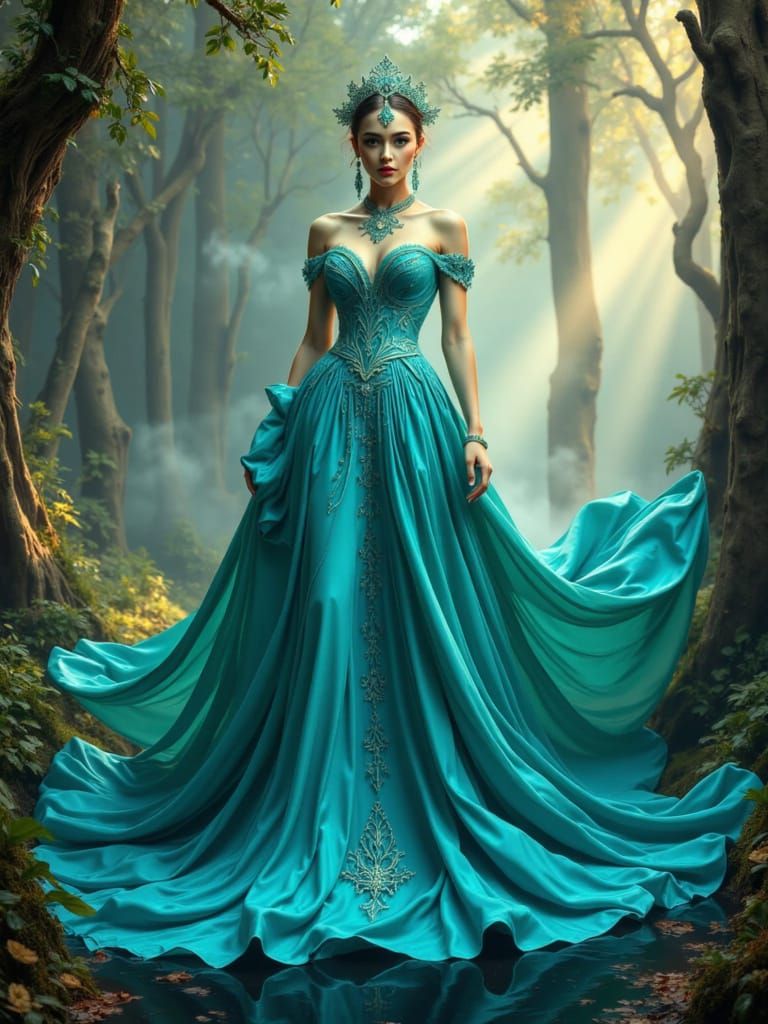 Fashion Model in Flowing Waterfall Gown in Misty Forest