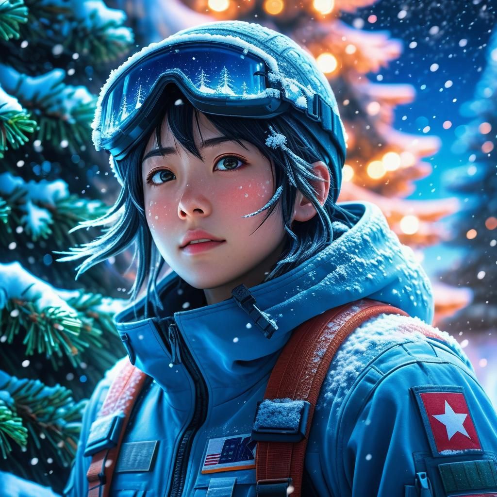 Sci-Fi Anime Soldier in Snowy Christmas Scene