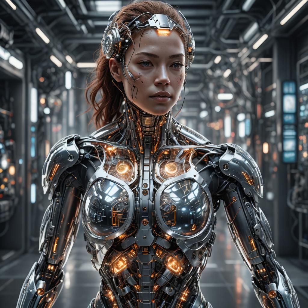 Illuminated Circuit Cyborg Woman in Metallic World