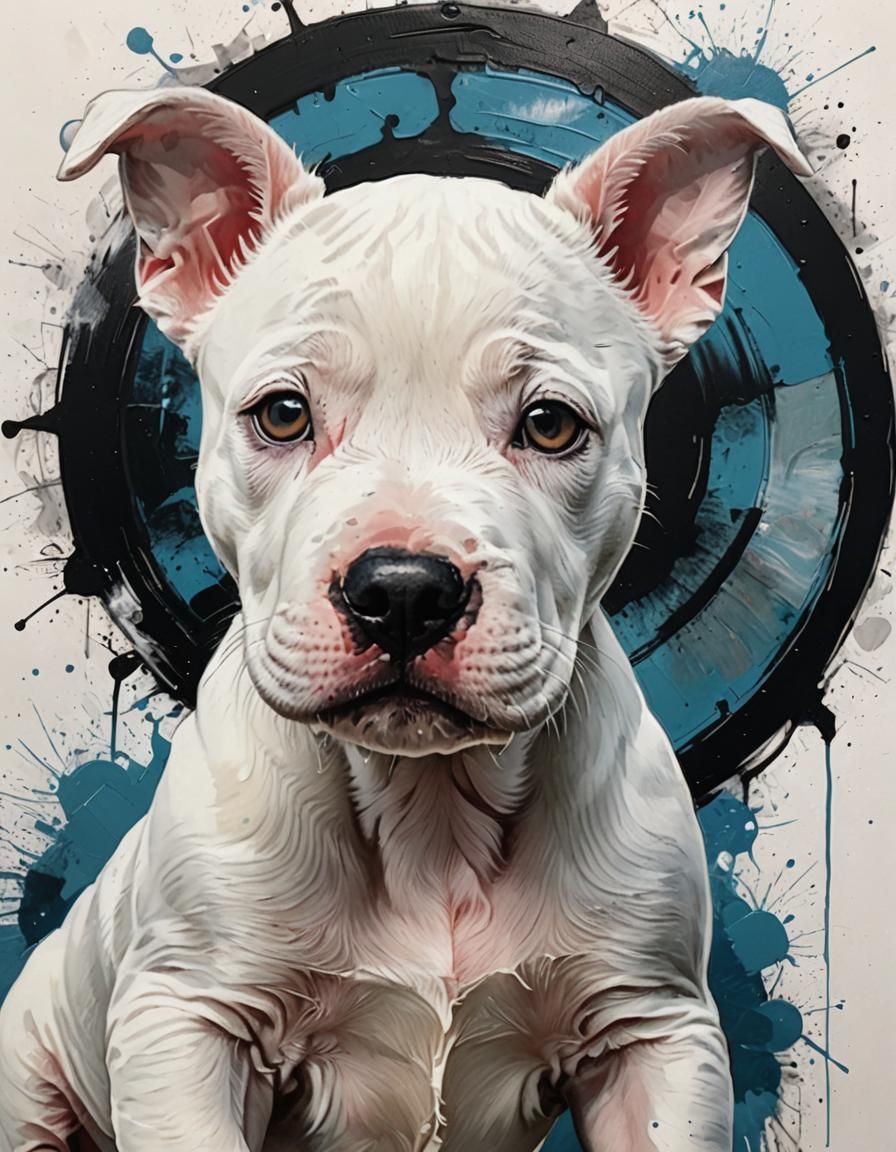 A white pitbull puppy with a black circle around his right eye.