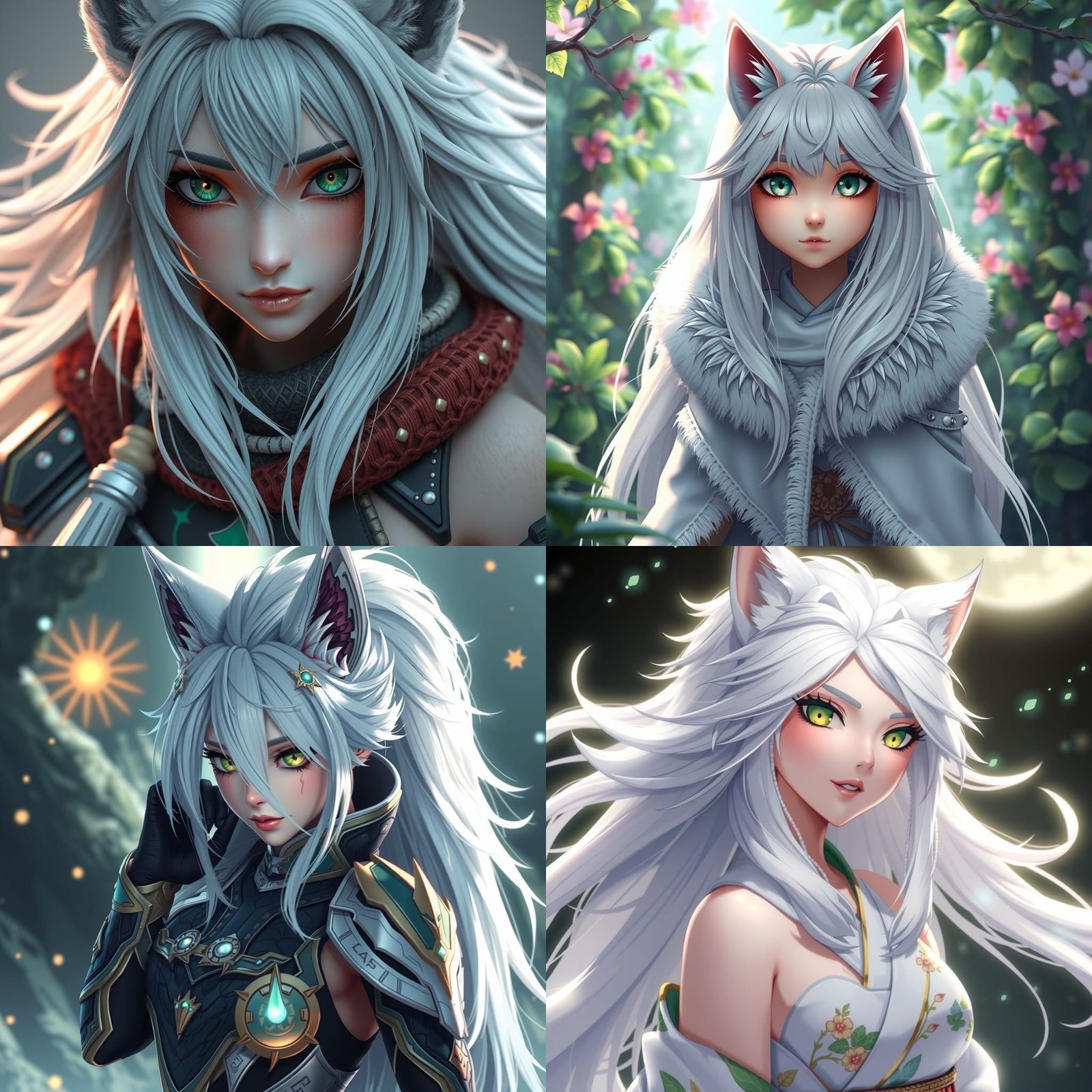 Anime Wolf-Woman with White Hair and Green Eyes