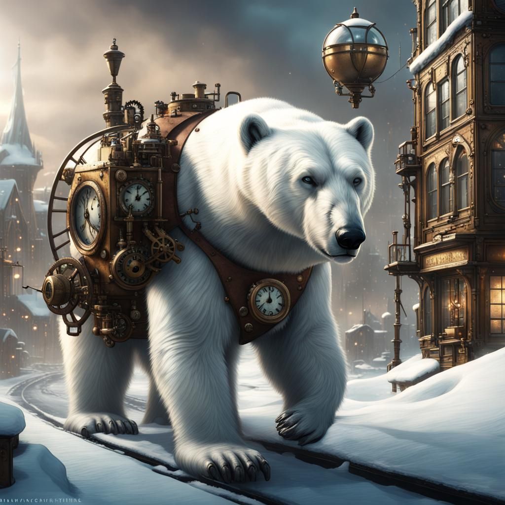 a clockwork polar bear patrolling a snow-covered steampunk city.