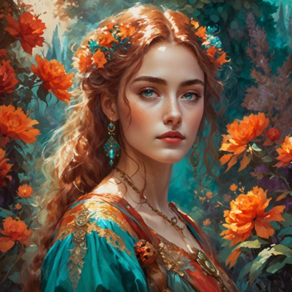 Beautiful Woman in Floral Garden, Watercolor Painting