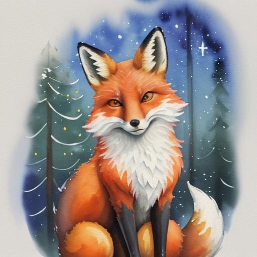 Christmas Fox in Gouache Watercolor Style