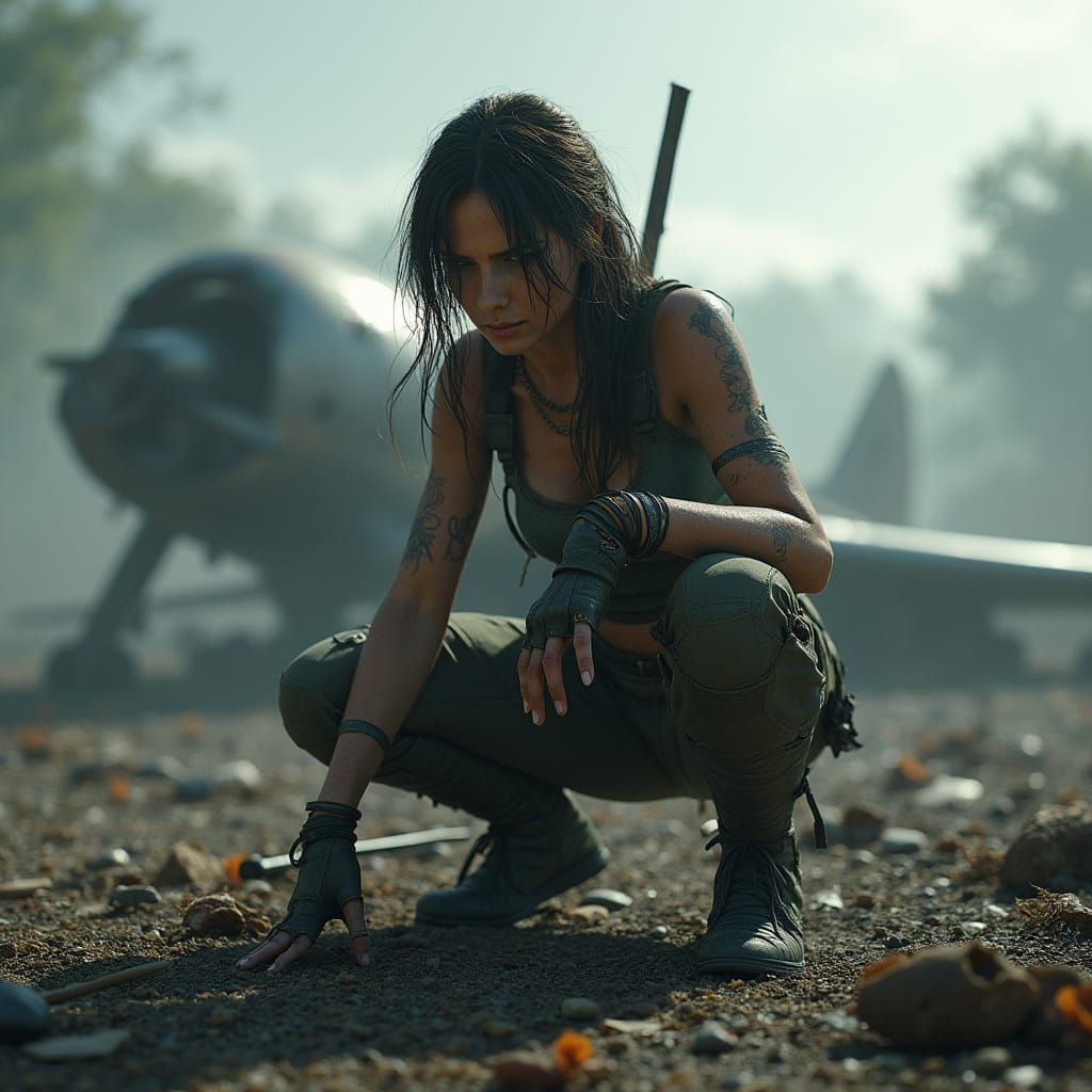 Lara croft crouching ontop of a crashed plane that is in pieces